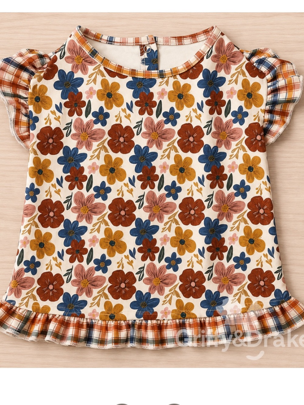 Griffy & Drake Dog Floral Ruffle Tee in Cream, Mustard & Rust